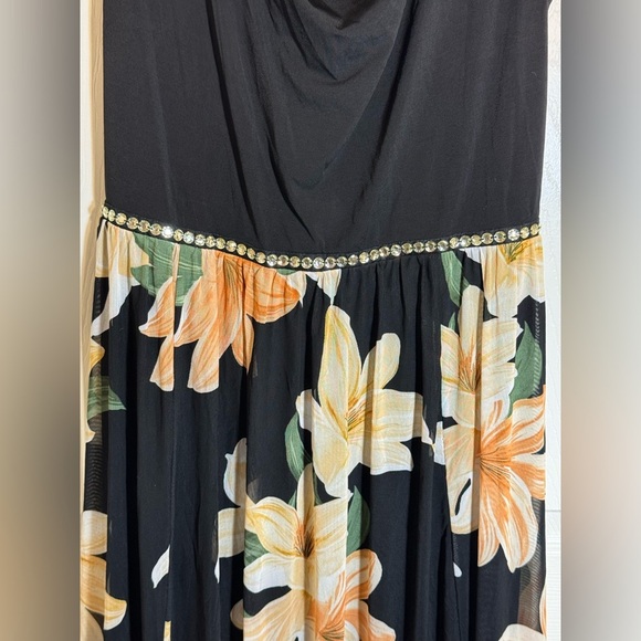 Alexa B Nites Evening Dress Plus Sz 14w Black Orange Floral Flowers bling waist - Picture 3 of 10